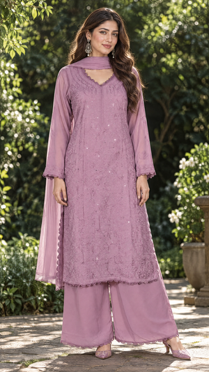 Purple georgette chikankari kurta palazzo dupatta set with jaali embroidery and sequin work, front view