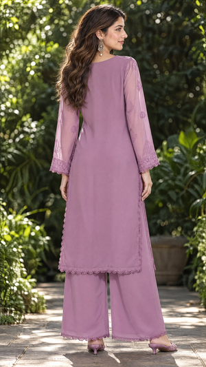 Purple georgette chikankari kurta palazzo dupatta set with jaali embroidery and sequin work, back view