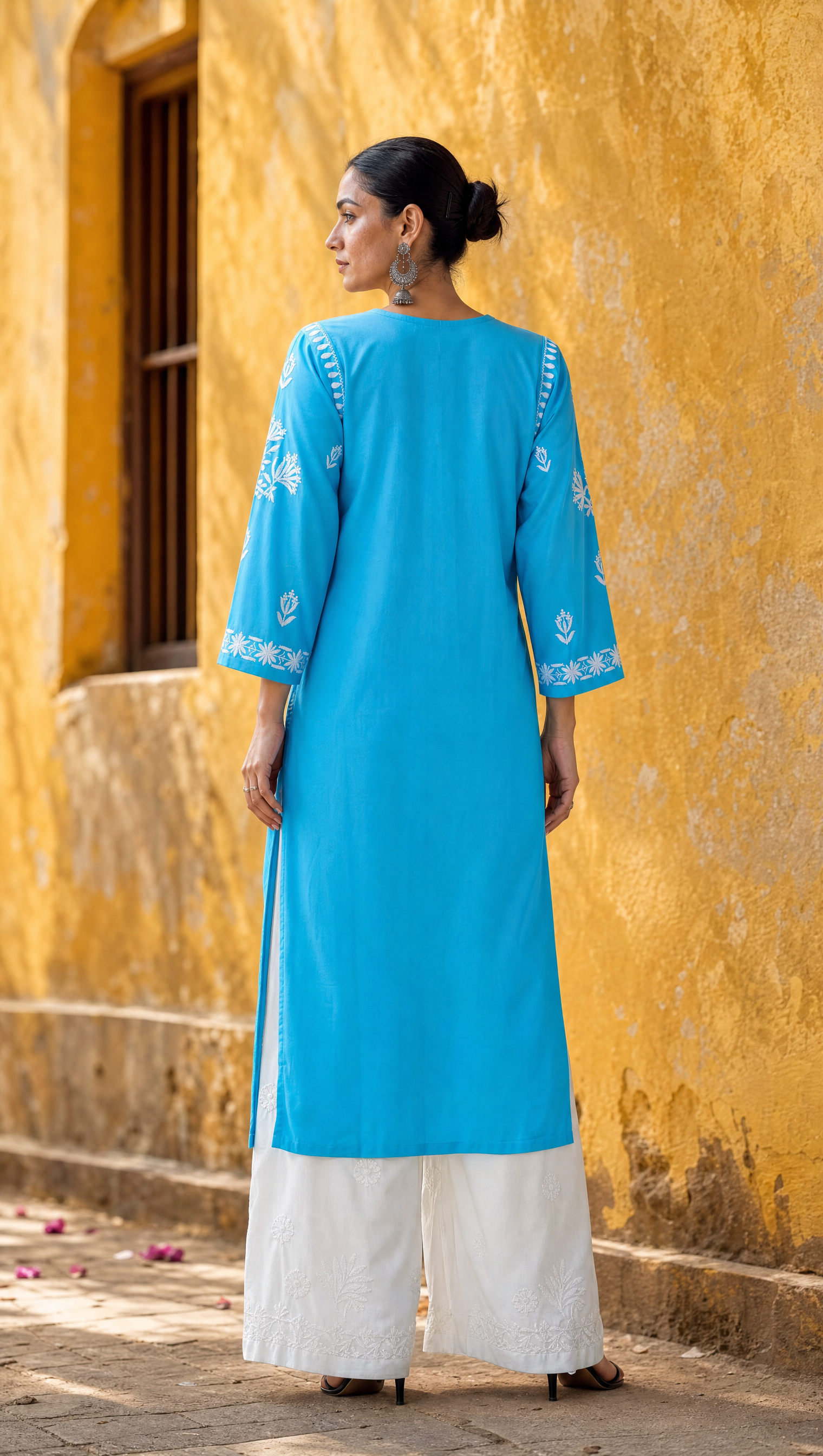Sky blue rayon cotton chikankari kurta with white palazzo set for women