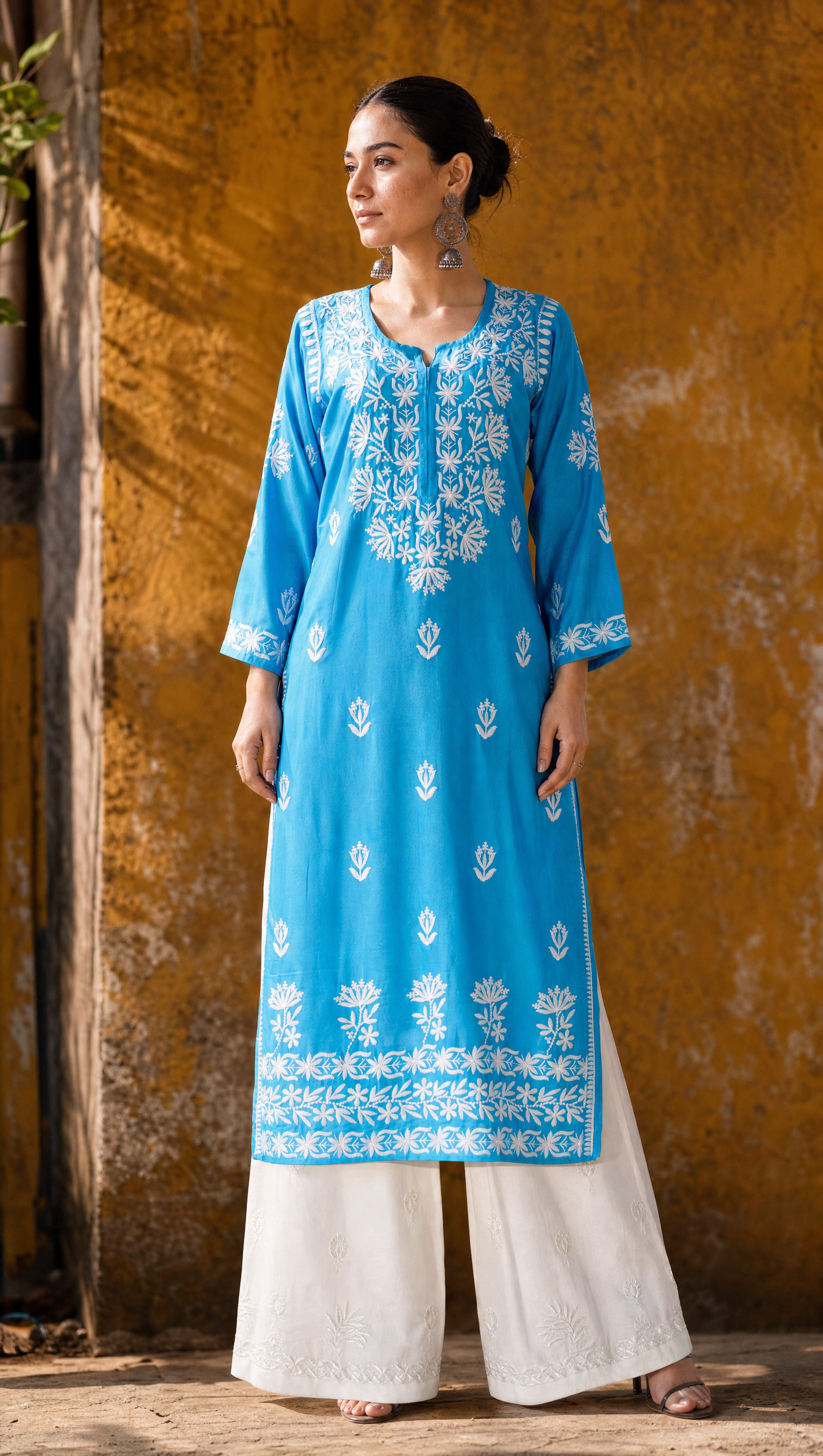 Sky blue rayon cotton chikankari kurta with white palazzo set for women
