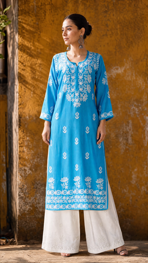 Sky blue rayon cotton chikankari kurta with white palazzo set for women