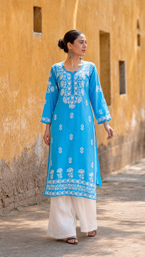 Sky blue rayon cotton kurta with chikankari embroidered yoke