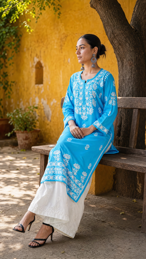  White rayon cotton embroidered palazzo paired with sky blue chikankari kurta