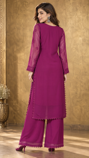 Wine Embroidered Georgette Pants With Matching Dupatta