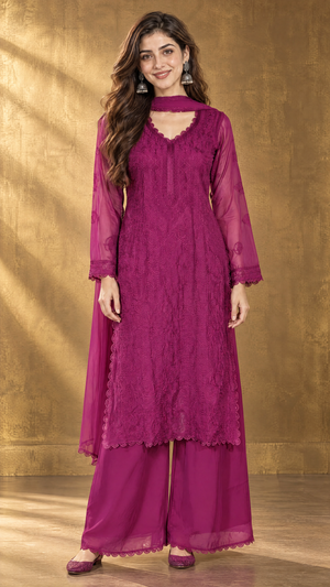 Wine Georgette Chikankari Kurta Pant Dupatta Set For Women Front View