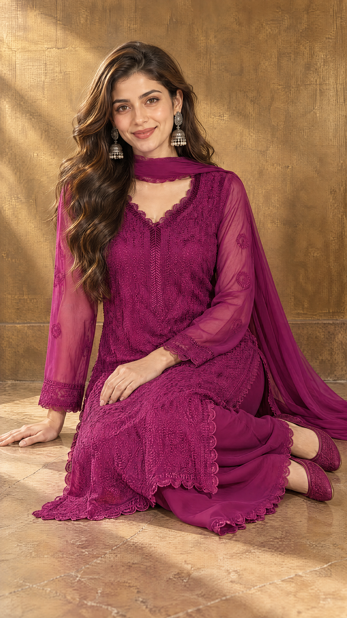 Wine Georgette Chikankari Kurta With Sheer 3/4 Sleeves