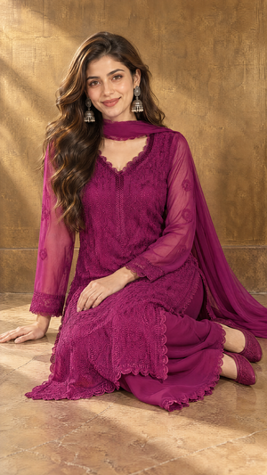 Wine Georgette Chikankari Kurta With Sheer 3/4 Sleeves
