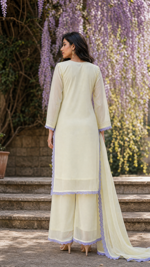 Ivory purple georgette embroidered palazzo with matching dupatta and contrast lace border