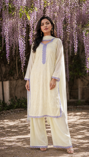 Ivory purple georgette chikankari kurta palazzo dupatta set for women front view