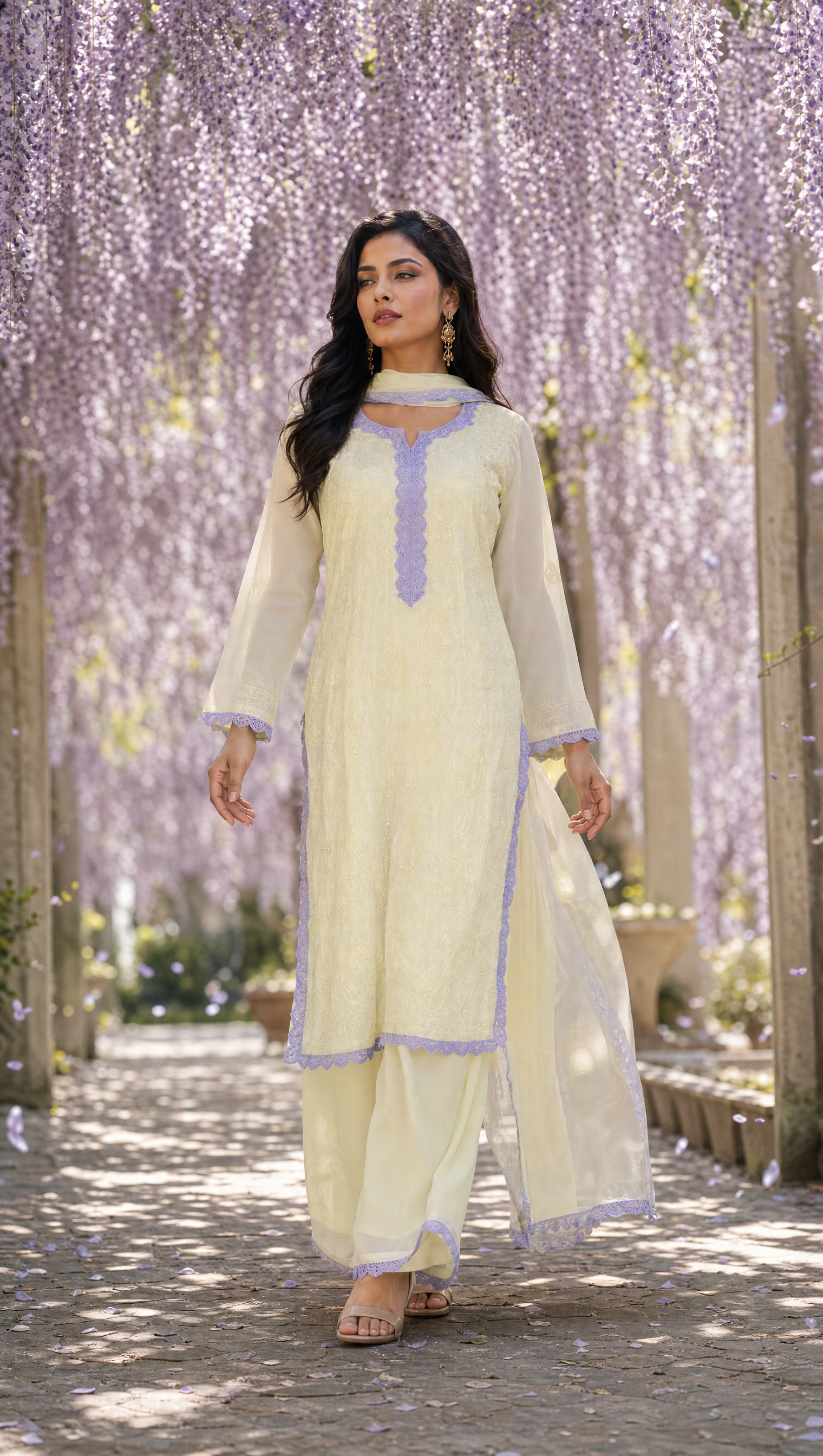 Ivory purple georgette kurta with chikankari embroidery and contrast brown lace neckline