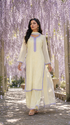 Ivory purple georgette kurta with chikankari embroidery and contrast brown lace neckline