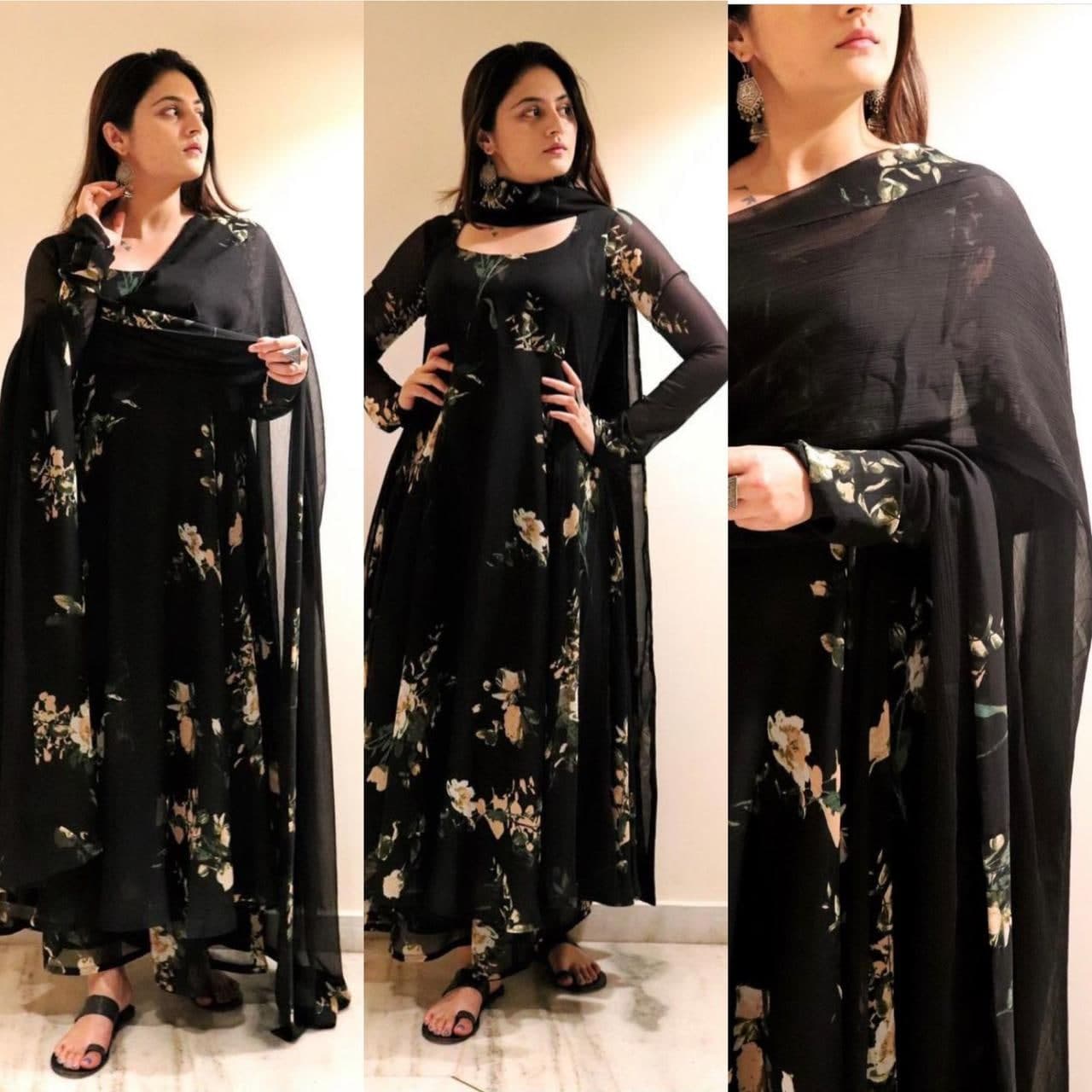 black suit with floral dupatta