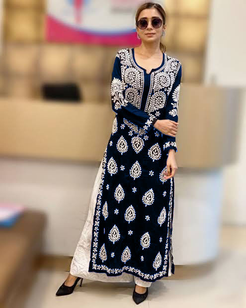 Navy Blue Rayon Cotton Chikankari Kurta Palazzo - PinkSaree