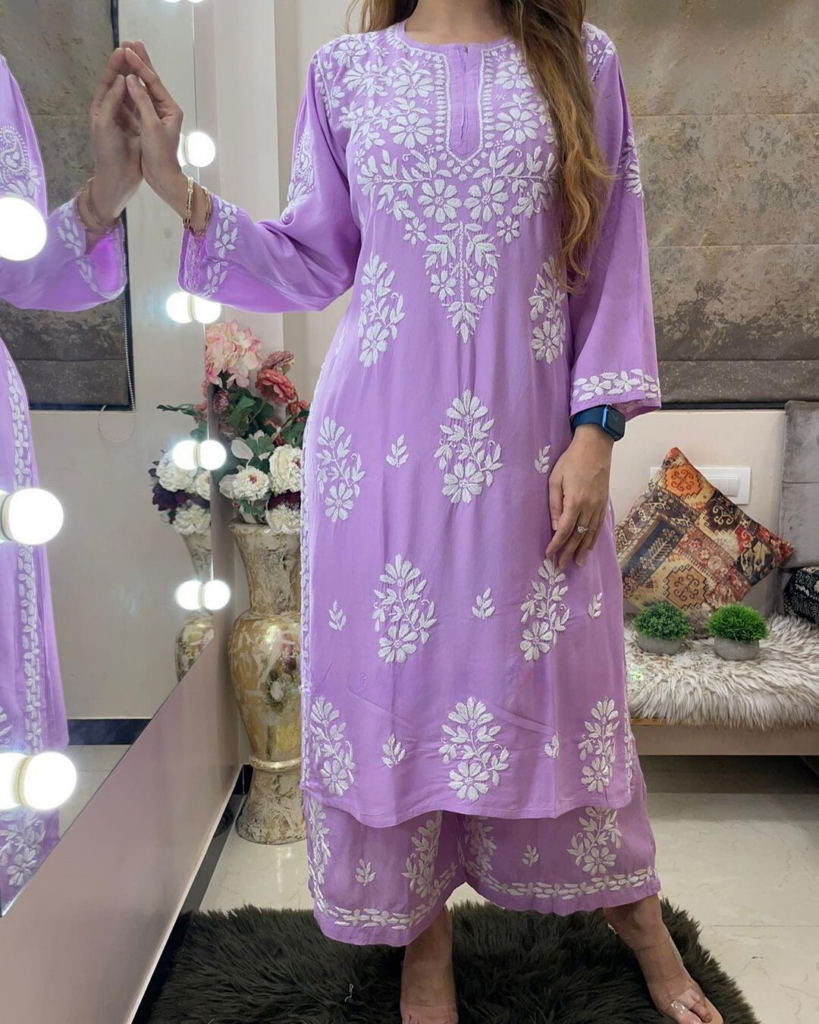 Purple Rayon Cotton Chikankari Kurta With Palazzo - PinkSaree